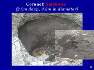 Coronel:  Sinkholes   (2.2m deep, 3.5m in diameter)   