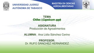 UNIVERSIDAD JUÁREZ
AUTÓNOMA DE TABASCO
TEMA
ASIGNATURA
Producción de Agroalimentos
ALUMNA: Ana Lidia Sánchez Cerino
PROFESOR:
Dr. RUFO SÁNCHEZ HERNÁNDEZ
MAESTRÍA EN CIENCIAS
AGROALIMENTARIAS
 
