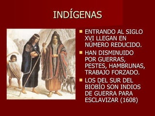 INDÍGENAS ENTRANDO AL SIGLO XVI LLEGAN EN NÚMERO REDUCIDO. HAN DISMINUIDO POR GUERRAS, PESTES, HAMBRUNAS, TRABAJO FORZADO. LOS DEL SUR DEL BIOBÍO SON INDIOS DE GUERRA PARA ESCLAVIZAR (1608) 