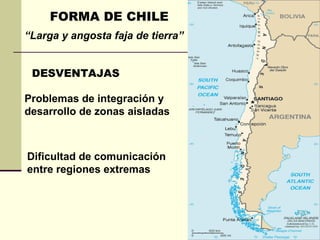 FORMA DE CHILE “ Larga y angosta faja de tierra” DESVENTAJAS Dificultad de comunicación entre regiones extremas Problemas de integración y desarrollo de zonas aisladas 