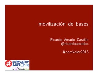 Movilización de bases
Ricardo Amado Castillo
@ricardoamadoc
movilización de bases


 
 
 



 
Ricardo Amado Castillo 

 
 
 
@ricardoamadoc
#comValor2013
 