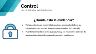 Control
Más control sobre su infraestructura.
¿Dónde está la evidencia?
● Varias auditorías de conformidad requieren acceso al estado de su
infraestructura en bloques de tiempo determinados. (PCI, HIPAA)
● Inventario completo de todos sus recursos y sus respectivos atributos de
configuración disponible para cualquier punto en el tiempo.
 