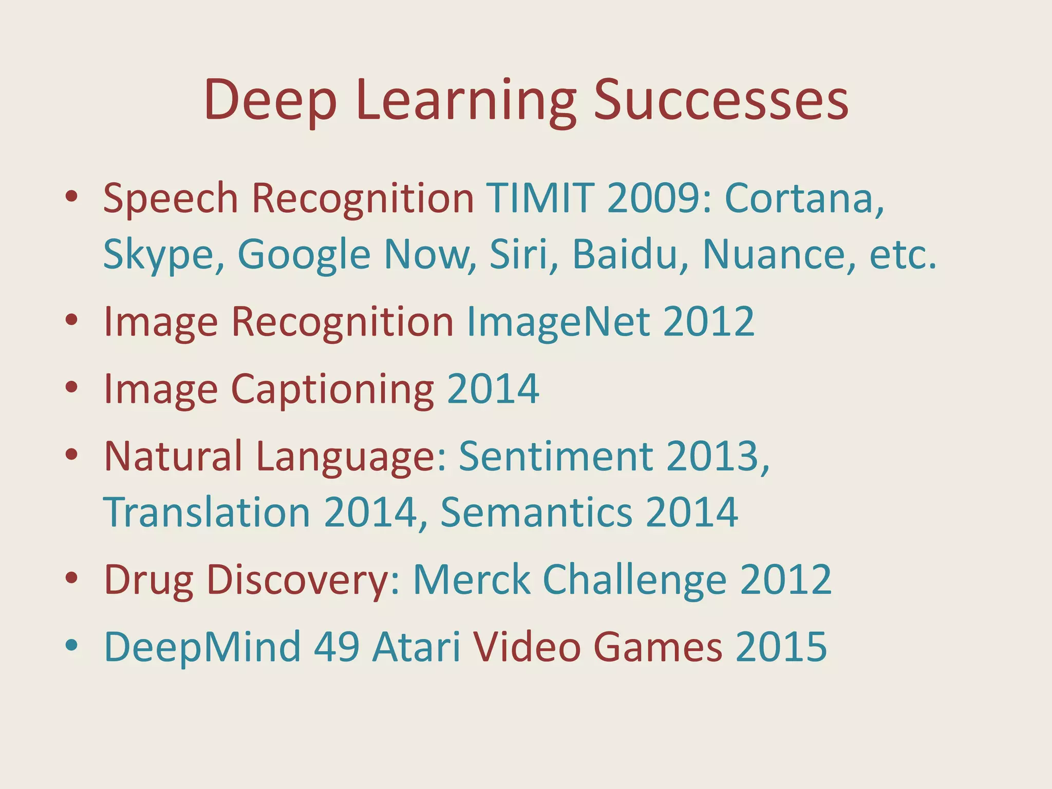 Deep Learning Successes
• Speech Recognition TIMIT 2009: Cortana,
Skype, Google Now, Siri, Baidu, Nuance, etc.
• Image Recognition ImageNet 2012
• Image Captioning 2014
• Natural Language: Sentiment 2013,
Translation 2014, Semantics 2014
• Drug Discovery: Merck Challenge 2012
• DeepMind 49 Atari Video Games 2015
 