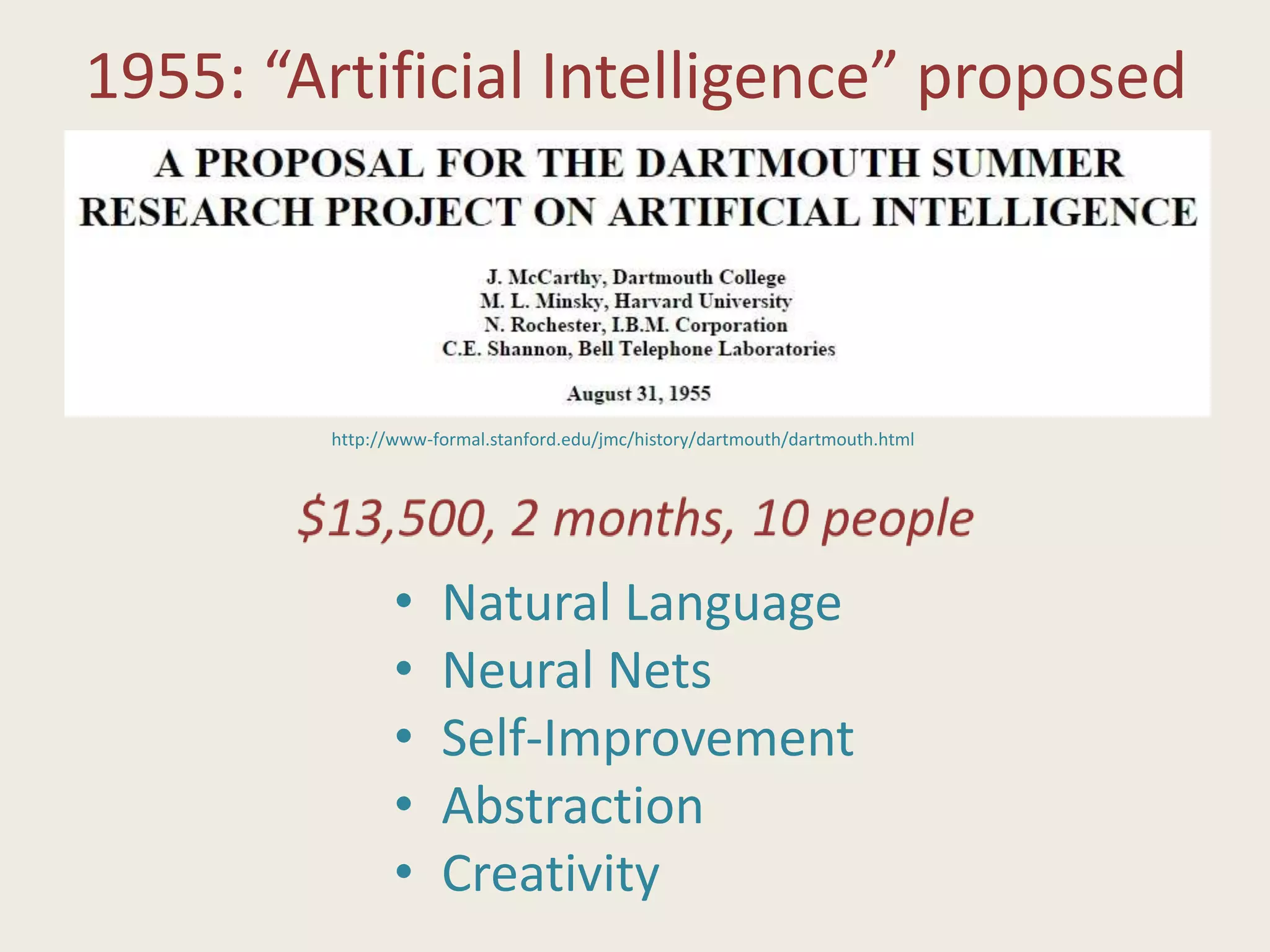 http://www-formal.stanford.edu/jmc/history/dartmouth/dartmouth.html
• Natural Language
• Neural Nets
• Self-Improvement
• Abstraction
• Creativity
1955: “Artificial Intelligence” proposed
 
