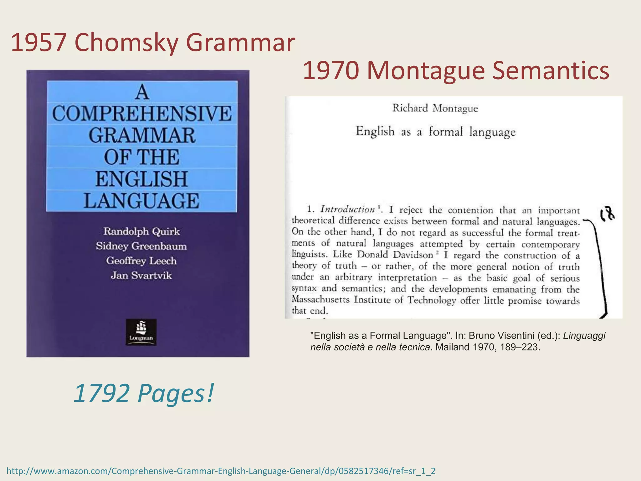 http://www.amazon.com/Comprehensive-Grammar-English-Language-General/dp/0582517346/ref=sr_1_2
1957 Chomsky Grammar
"English as a Formal Language". In: Bruno Visentini (ed.): Linguaggi
nella società e nella tecnica. Mailand 1970, 189–223.
1970 Montague Semantics
1792 Pages!
 