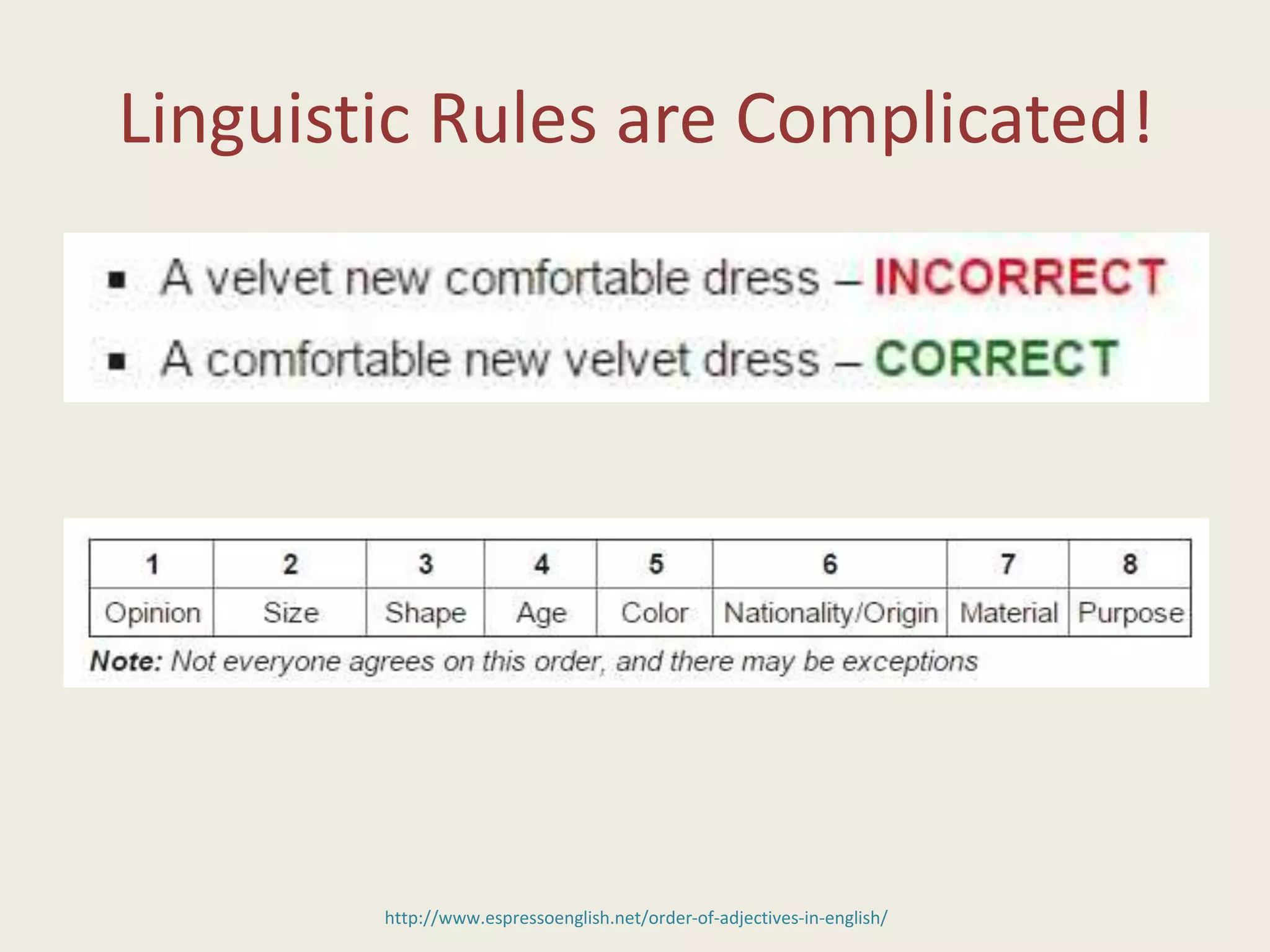 http://www.espressoenglish.net/order-of-adjectives-in-english/
Linguistic Rules are Complicated!
 