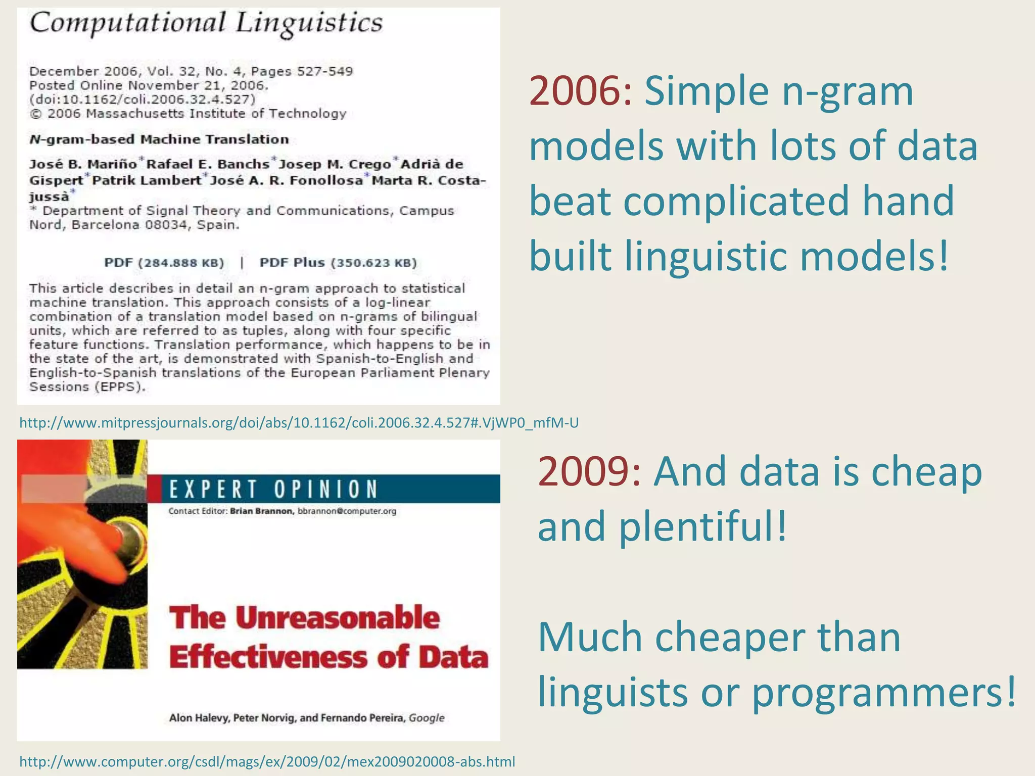 http://www.computer.org/csdl/mags/ex/2009/02/mex2009020008-abs.html
http://www.mitpressjournals.org/doi/abs/10.1162/coli.2006.32.4.527#.VjWP0_mfM-U
2006: Simple n-gram
models with lots of data
beat complicated hand
built linguistic models!
2009: And data is cheap
and plentiful!
Much cheaper than
linguists or programmers!
 