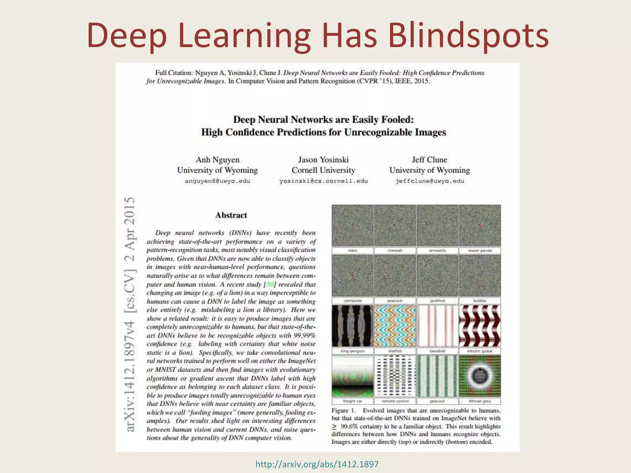 Deep Learning Has Blindspots
http://arxiv.org/abs/1412.1897
 