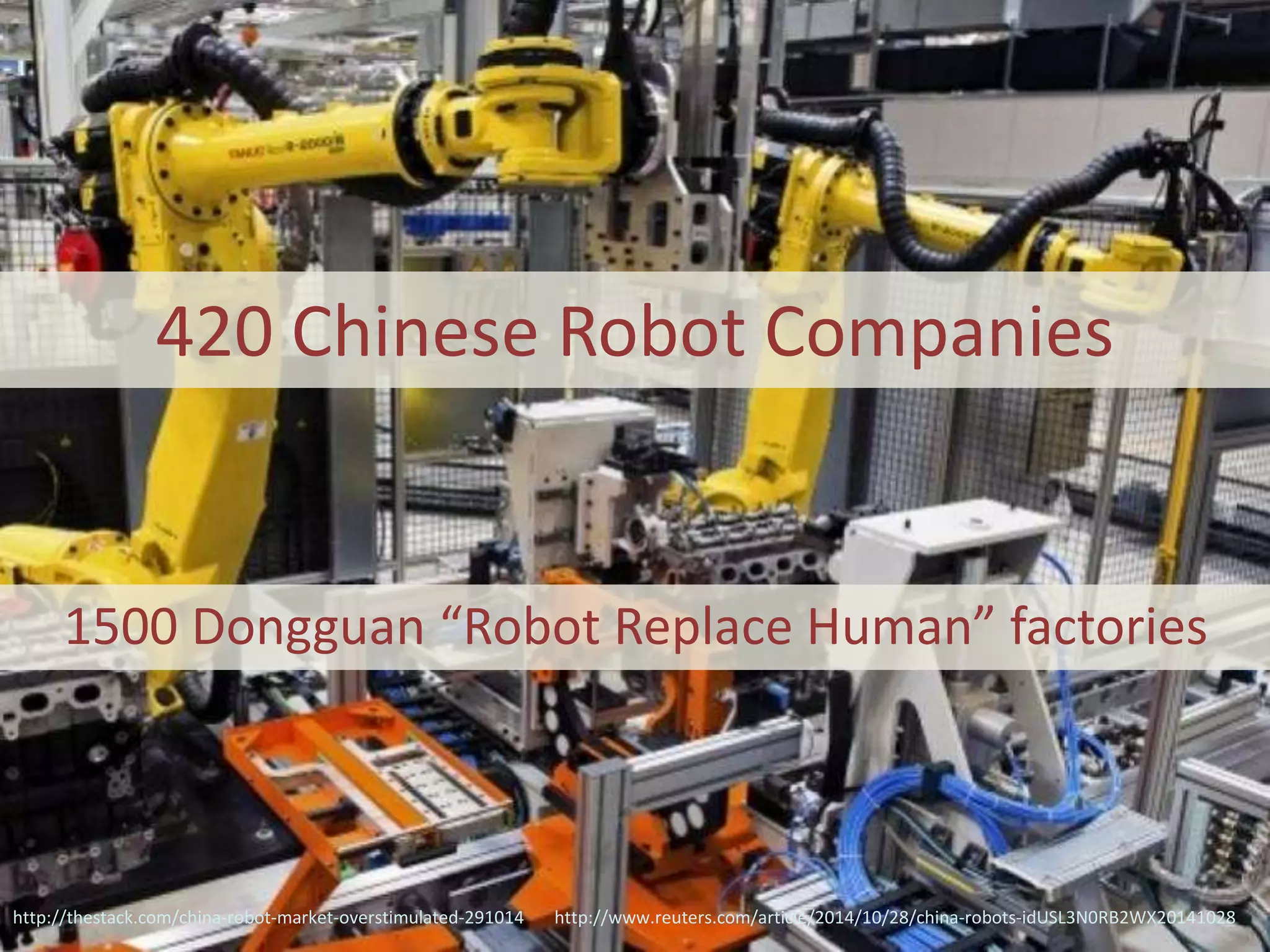 420 Chinese Robot Companies
http://thestack.com/china-robot-market-overstimulated-291014 http://www.reuters.com/article/2014/10/28/china-robots-idUSL3N0RB2WX20141028
1500 Dongguan “Robot Replace Human” factories
 