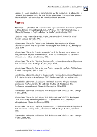 Datos Mundiales de Educación. 7a edición, 2010/11
escuelas y liceos orientado al mejoramiento de la calidad de la educación. El
Programa se estructuró sobre la base de un concurso de proyectos para acceder a
fondos públicos y ser ejecutados por las universidades ganadoras.
Fuentes
Bernasconi, A. y Gamboa, M. Evolución de la Legislación sobre Educación Superior
en Chile. Informe preparado para IESALC/UNESCO Proyecto“Observatorio de la
Educación Superior en América Latina y el Caribe”, septiembre de 2002.
Comisión sobre Formación Inicial Docente. Informe sobre la formación inicial
docente. Santiago de Chile, 2005.
Ministerio de Educación. Organización de Estados Iberoamericanos. Sistema
Educativo Nacional de Chile. (Informe realizado por Iván Núñez et. al.). Santiago de
Chile, 1993.
Ministerio de Educación. Fortalecimiento del rol de los docentes en un mundo en
transformación. Informe del Gobierno de Chile a la 45a reunión de la Conferencia
Internacional de Educación, Ginebra, 1996.
Ministerio de Educación. Objetivos fundamentales y contenidos mínimos obligatorios
de la educación media. Santiago de Chile, mayo 1998.
Ministerio de Educación. Educación para Todos: evaluación en el año 2000. Informe
de Chile. Santiago de Chile, octubre 1999.
Ministerio de Educación. Objetivos fundamentales y contenidos mínimos obligatorios
de la educación básica. Actualización 2002. Santiago de Chile, noviembre 2002.
Ministerio de Educación. La educación chilena en el cambio de siglo: políticas,
resultados y desafíos. Informe del Gobierno de Chile a la 47a reunión de la
Conferencia Internacional de Educación, Santiago de Chile, 2004.
Ministerio de Educación. Indicadores de la Educación en Chile 2003-2004. Santiago
de Chile, 2005.
Ministerio de Educación. Indicadores de la Educación en Chile 2006. Santiago de
Chile, julio 2008 (Documento presentado a la 48a reunión de la Conferencia
Internacional de Educación, Ginebra, 2008).
Ministerio de Educación. Objetivos fundamentales y contenidos mínimos obligatorios
de la educación básica y media. Actualización 2009. Santiago de Chile, diciembre
2009.
Ministerio de Educación. Indicadores de la Educación en Chile 2007-2008. Santiago
de Chile, abril 2010.
Recopilado por UNESCO-IBE (http://www.ibe.unesco.org/)
 