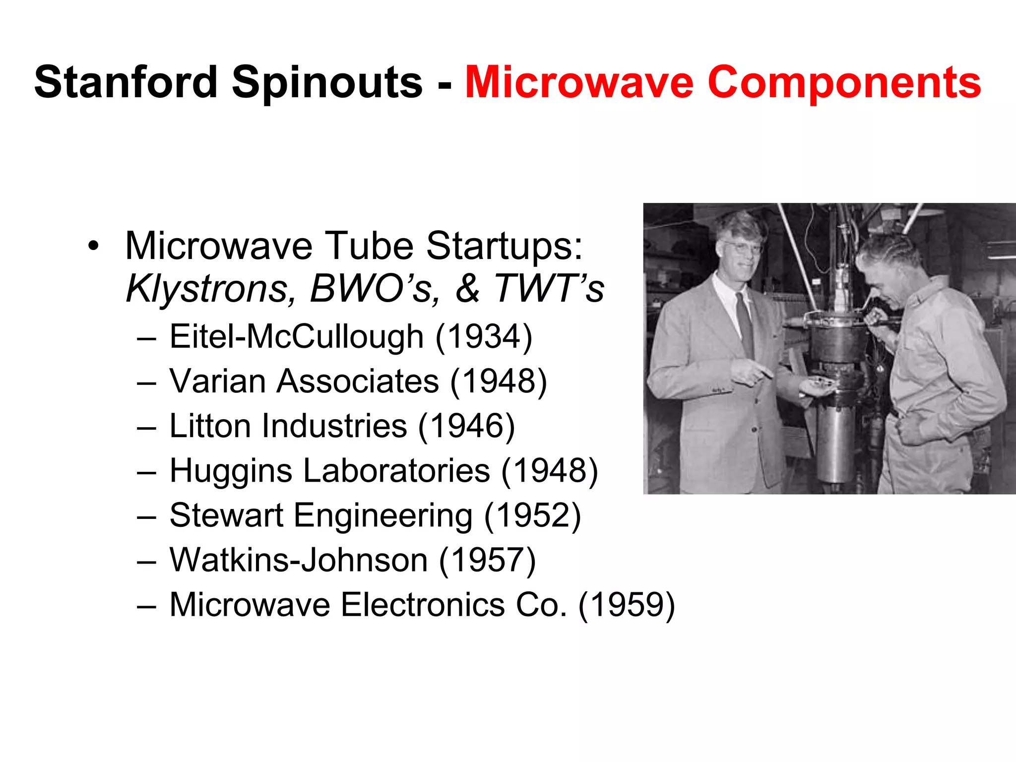 Fredrick Terman“the Father of Silicon Valley”Stanford Professor of engineering 1926encouraged his students, William Hewlett and David Packard to start a companyDean of Engineering 1946Provost 1955