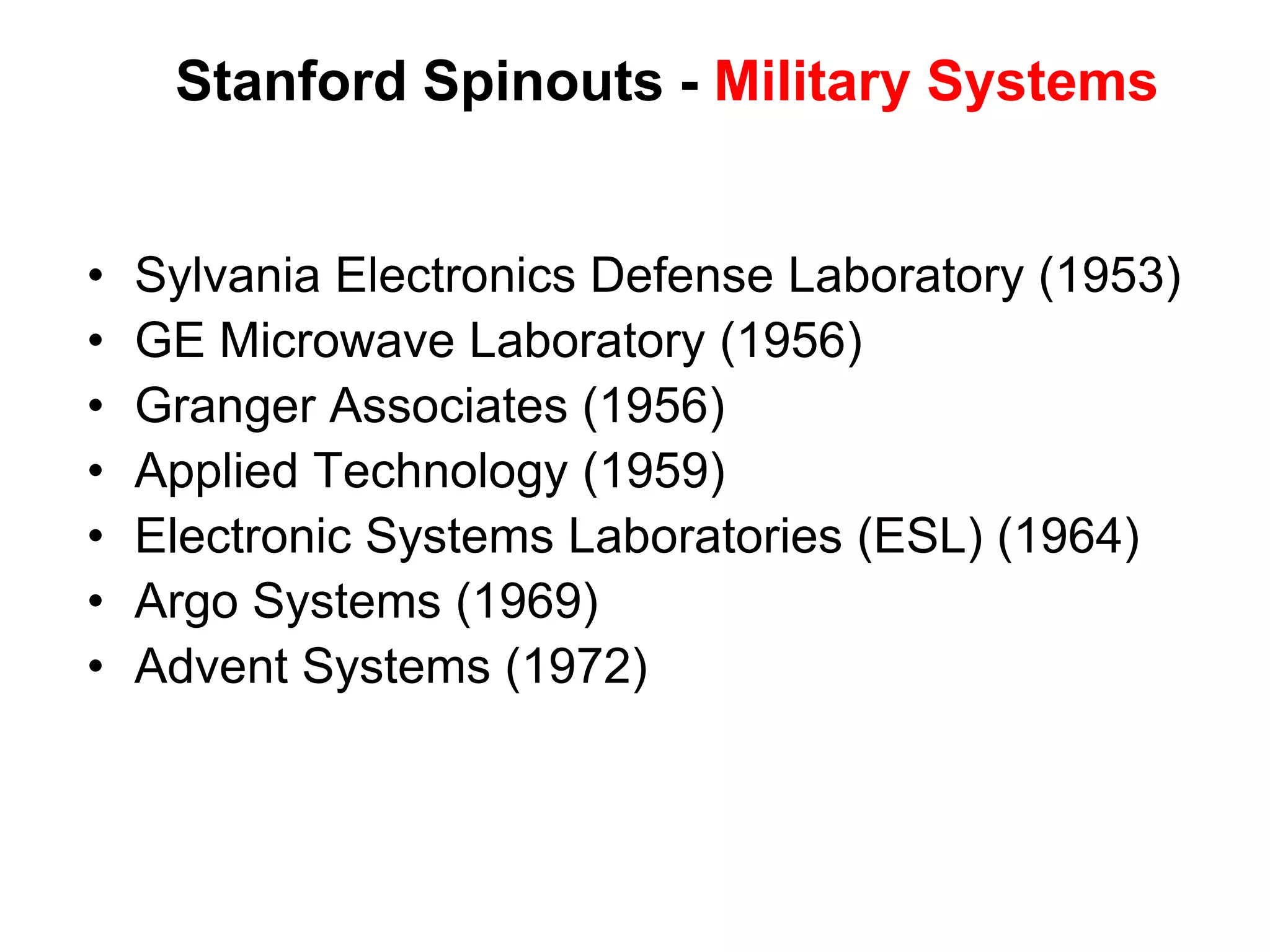 Terman’s PostwarStrategyFocus on microwaves and electronicsNot going to be left out of gov’t $’s this timeRecruits 11 members of war lab as facultyBy 1950 Stanford was the MIT of the WestStudents came from all over the U.S. 