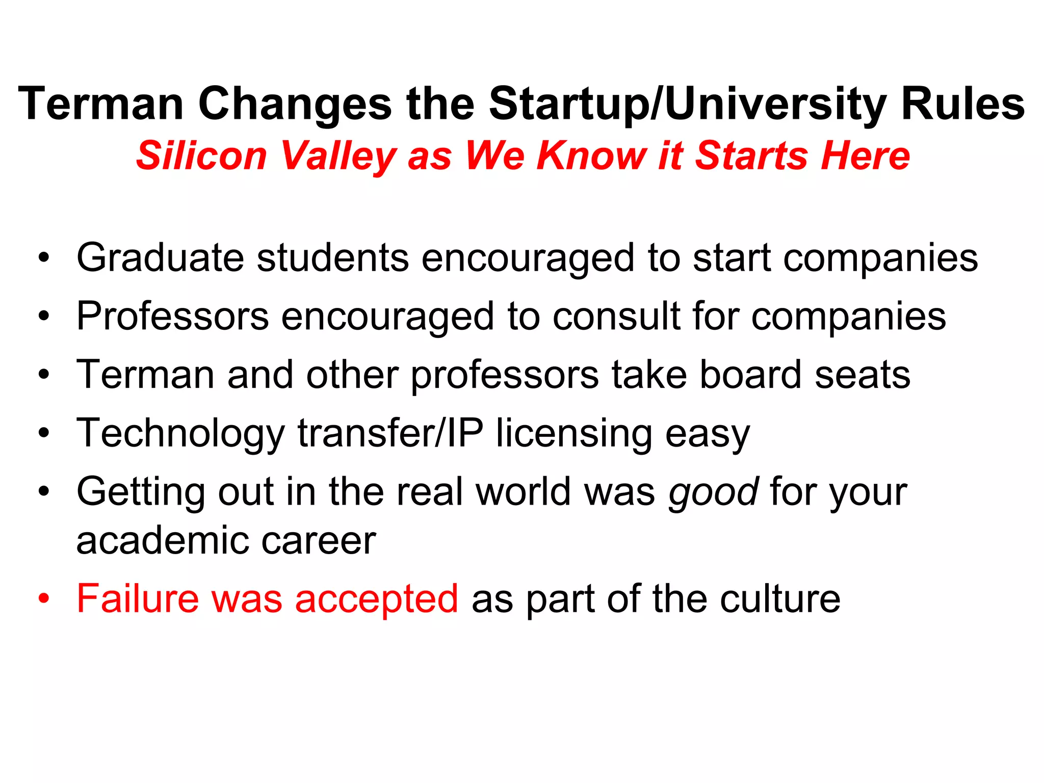 Stanford Spinouts - Microwave ComponentsMicrowave Tube Startups:Klystrons, BWO’s, & TWT’sEitel-McCullough (1934)Varian Associates (1948)Litton Industries (1946)Huggins Laboratories (1948)Stewart Engineering (1952) Watkins-Johnson (1957)Microwave Electronics Co. (1959)