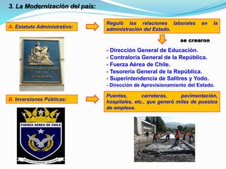 3. La Modernización del país:
A. Estatuto Administrativo:
Reguló las relaciones laborales en la
administración del Estado.
se crearon
- Dirección General de Educación.
- Contraloría General de la República.
- Fuerza Aérea de Chile.
- Tesorería General de la República.
- Superintendencia de Salitres y Yodo.
- Dirección de Aprovisionamiento del Estado.
B. Inversiones Públicas:
Puentes, carreteras, pavimentación,
hospitales, etc., que generó miles de puestos
de empleos.
 