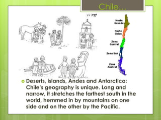 Chile…




 Deserts,islands, Andes and Antarctica:
 Chile’s geography is unique. Long and
 narrow, it stretches the farthest south in the
 world, hemmed in by mountains on one
 side and on the other by the Pacific.
 