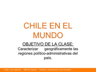 Chile y sus regiones NB6 (8° básico) Estudio y comprensión de la sociedad
CHILE EN EL
MUNDO
OBJETIVO DE LA CLASE:
Caracterizar geográficamente las
regiones político-administrativas del
país.
 