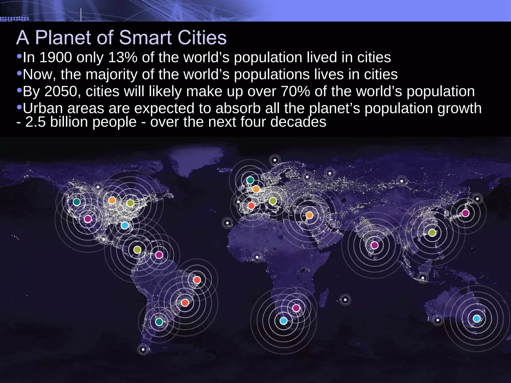 15 A Planet of Smart Cities In 1900 only 13% of the world’s population lived in cities Now, the majority of the world’s populations lives in cities By 2050, cities will likely make up over 70% of the world’s population Urban areas are expected to absorb all the planet’s population growth  - 2.5 billion people - over the next four decades   