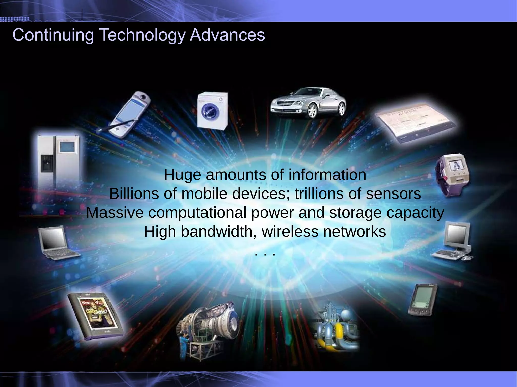 Continuing Technology Advances Huge amounts of information Billions of mobile devices; trillions of sensors Massive computational power and storage capacity High bandwidth, wireless networks . . . 