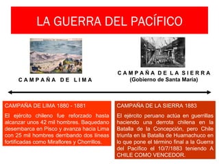 LA GUERRA DEL PACÍFICO


                                             CAMPAÑA DE LA SIERRA
     CAMPAÑA DE LIMA                           (Gobierno de Santa María)



CAMPAÑA DE LIMA 1880 - 1881                  CAMPAÑA DE LA SIERRA 1883
El ejército chileno fue reforzado hasta      El ejército peruano actúa en guerrillas
alcanzar unos 42 mil hombres. Baquedano      haciendo una derrota chilena en la
desembarca en Pisco y avanza hacia Lima      Batalla de la Concepción, pero Chile
con 25 mil hombres derribando dos líneas     triunfa en la Batalla de Huamachuco en
fortificadas como Miraflores y Chorrillos.   lo que pone el término final a la Guerra
                                             del Pacífico el 10/7/1883 teniendo A
                                             CHILE COMO VENCEDOR.
 