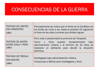 CONSECUENCIAS DE LA GUERRA

TRATADO DE LÍMITES   Principalmente se indica que el límite es la Cordillera de
CON ARGENTINA        los Andes de norte a sur hasta el paralelo 52 siguiendo
1881                 la línea de las altas cumbres que dividan aguas.

                     Perú cede a perpetuidad la provincia de Tarapacá.
TRATADO DE ANCÓN     Tacna y Arica quedan temporalmente bajo
ENTRE CHILE Y PERÚ   administración chilena y al término de 10 años se
1883                 realizaría un plebiscito para decidir la situación
                     definitiva.

TRATADO DE TREGUA
                     Antofagasta bajo administración chilena.
CON BOLIVIA
                     Franquicias a Bolivia para Antofagasta y Arica
1884
 