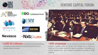 VENTURE CAPITAL FORUM:




Nevesco

+US$ 50 millones en fondos de inversión para empresas                +500 empresas                      con alto potencial de crecimiento en búsqueda de
  emergentes con alto potencial de crecimiento buscando primeras o   primeras y segundas rondas de inversión serán filtradas tras un proceso de
 segundas rondas de inversión.                                       análisis por los principales capitales de riesgo e inversionistas interesados en el
                                                                     mercado latinoamericano, para concretar la posibilidad de inversión en 48-96
                                                                     empresas.
 