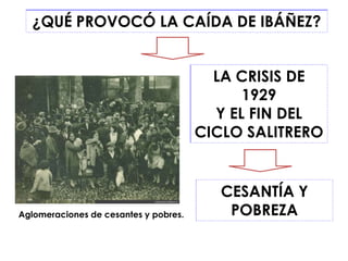 ¿QUÉ PROVOCÓ LA CAÍDA DE IBÁÑEZ?


                                         LA CRISIS DE
                                             1929
                                         Y EL FIN DEL
                                       CICLO SALITRERO


                                          CESANTÍA Y
Aglomeraciones de cesantes y pobres.       POBREZA
 