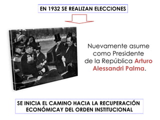 EN 1932 SE REALIZAN ELECCIONES




                       Nuevamente asume
                        como Presidente
                      de la República Arturo
                        Alessandri Palma.




SE INICIA EL CAMINO HACIA LA RECUPERACIÓN
    ECONÓMICAY DEL ORDEN INSTITUCIONAL
 