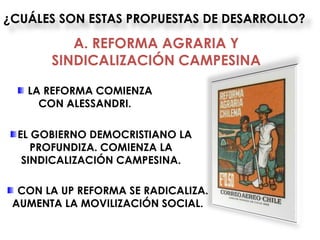¿CUÁLES SON ESTAS PROPUESTAS DE DESARROLLO?

          A. REFORMA AGRARIA Y
       SINDICALIZACIÓN CAMPESINA

   LA REFORMA COMIENZA
     CON ALESSANDRI.

  EL GOBIERNO DEMOCRISTIANO LA
     PROFUNDIZA. COMIENZA LA
   SINDICALIZACIÓN CAMPESINA.

  CON LA UP REFORMA SE RADICALIZA.
 AUMENTA LA MOVILIZACIÓN SOCIAL.
 