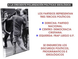 LOS PARTIDOS REPRESENTAN
 TRES TERCIOS POLÍTICOS:

    DERECHA: PARTIDO
       NACIONAL.
  CENTRO: DEMOCRACIA
       CRISTIANA.
IZQUIERDA: FRAP LUEGO U.P.


   SE ENDURECEN LOS
 DISCURSOS POLÍTICOS,
  PROGRÁMATICOS E
     IDEOLÓGICOS
 