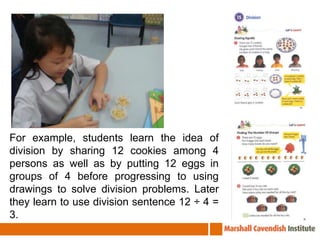 For example, students learn the idea of division by sharing 12 cookies among 4 persons as well as by putting 12 eggs in groups of 4 before progressing to using drawings to solve division problems. Later they learn to use division sentence 12 ÷ 4 = 3. 