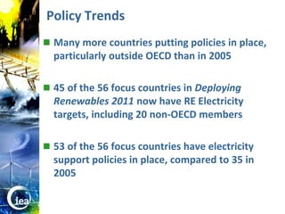 Policy Trends
                   Many more countries putting policies in place,
                    particularly outside OECD than in 2005

                   45 of the 56 focus countries in Deploying
                    Renewables 2011 now have RE Electricity
                    targets, including 20 non-OECD members

                   53 of the 56 focus countries have electricity
                    support policies in place, compared to 35 in
                    2005


© OECD/IEA 2010
 