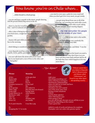 You know you’re in Chile when...
                                                                    ...you start to crave pan y palta for every meal and
          ...white bread is a food group.
                                                                    when you don‟t get it for every meal, you get cranky.

 ...you see and hear a parade in the street, people dancing,                ...you get strep throat from one or all of the
 and the proud Chilean flag waves in the air.
                                                                            following: not covering your neck with a scarf,
                                                                            not covering your mouth with a scarf, taking
 ...there is a law for everything posted pub-                               off your sweater, or not wearing slippers.
 licly —and it is (almost) always followed.

 ...after 5 days of being too sick to eat, according to                           ...the dogs outnumber the people
 your host mom, a single bon bon will make you a                                  on the streets of your town.
 gordita.
                                                                                          ...THE in hair style is the mullet.
 ...huasos ride past while you wait for the                                      …you find hotdogs very creatively dis-
 bus in the morning.                                                             guised in almost every dish.

 ...hitch-hiking is considered a legitimate form of transportation.         ...wake up, see sunshine, and think, “I can dry
                                                                            my laundry today!”
 …every Spanish word has an ito or ita added on the end:
 chaoito, tecito, paltita, permicito, chicitita, and the list goes on...     ...you tell the woman at the hostel you need 9
                                                                             beds and she says they don‟t have 9 so you
 ...you can walk down the street with an ice cream                           leave and then come back and just ask for all
 cone in one hand and a cone of fries in the other and                       the beds they have which happens to be way
 not feel guilty!                                                            more than 9.



       Favorite Chilenismos …“Qué dijiste?”                                                              Chileans speak their
                                                                                                       own dialect of Spanish
                                                                                                        full of idiosyncrasies
   Phrase                     Meaning                             Use                                     and idioms called
                                                                                                          “Chilenismos” not
   Al tiro                    at the gun shot                     -right away
   Bacán (adj)                cool                                -describing something cool       found in any other Span-
   Cabros (n)                 goats                               -when referring to teenagers       ish-speaking country.
   Cachai?                    Got it?                             -checking for understanding
   Comprar terreno (v)        to buy land                         -when you fall/eat it/crash and burn
   Chau                       Bye                                 -when parting ways
   Es lo que hay              It is what it is                    -situations you can‟t control
   Filete (adj)               filet (the best cut of meat)        -one of the many uses: Cool
   Fome (adj)                 boring; lame                        -boring or lame situations
   Fondo blanco (n, v)        white bottom                        -CHUG!
   Machucao (adj)             crazy                               -used by flaite (ghetto)
   Tipo (n)                   type                                -when referring to a guy
   Tuto (n)                   slumber; nap                        -when going to sleep
   Weon (n)                   ass; buddy                          -you can call the guy who just cut you off this or your
                                                                  best friend, depending on the context
   Yo lo pasé chancho         I was like a pig                    -I had a great time

   Po                                                             -Added to ends of words and phrases for emphasis
   Dropping the “s” in words                                      -Examples: seis=sei; estás=etai; gracias=gracia


SSLC                                                                                                                        PAGE 8
 