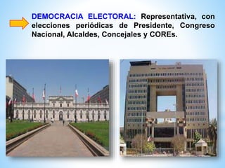 DEMOCRACIA ELECTORAL: Representativa, con
elecciones periódicas de Presidente, Congreso
Nacional, Alcaldes, Concejales y COREs.
 
