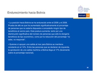 Endurecimiento hacia Bolivia


• La posición hacia Bolivia se ha endurecido entre el 2006 y el 2008.
Prueba de ello es que ha aumentado significativamente el porcentaje
de personas que no estaría dispuesta a concederle ningún tipo de
beneficios al vecino país. Esta postura aumenta, tanto por una
disminución significativa del número de personas que sólo le otorgaría
beneficios de tipo económico, como por la reducción del porcentaje “no
sabe, no responde”.

• Quienes sí apoyan una salida al mar para Bolivia se mantiene
constante en el 14%. Entre las personas que se declaran de izquierda,
la aprobación de una salida marítima a Bolivia llega al 17% (levemente
sobre el porcentaje nacional).




                                                                         36
 
