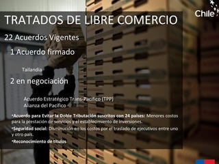 TRATADOS DE LIBRE COMERCIO
22 Acuerdos Vigentes
1 Acuerdo firmado
2 en negociación
Acuerdo Estratégico Trans-Pacífico (TPP)
Alianza del Pacífico
Tailandia
•Acuerdo para Evitar la Doble Tributación suscritos con 24 países: Menores costos
para la prestación de servicios y el establecimiento de inversiones.
•Seguridad social: Disminución en los costos por el traslado de ejecutivos entre uno
y otro país.
•Reconocimiento de títulos
 