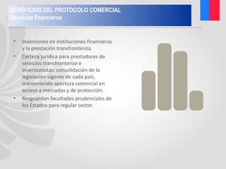 • Inversiones en instituciones financieras
y la prestación transfronteriza.
• Certeza jurídica para prestadores de
servicios transfronterizo e
inversionistas: consolidación de la
legislación vigente de cada país,
manteniendo apertura comercial en
acceso a mercados y de protección.
• Resguardan facultades prudenciales de
los Estados para regular sector.
BENEFICIOS DEL PROTOCOLO COMERCIAL
Servicios financieros
 
