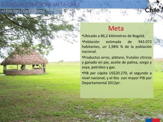 ATRIBUTOS COMERCIALESATRIBUTOS COMERCIALES
RELACION COMERCIAL META-CHILERELACION COMERCIAL META-CHILE
Meta
•Ubicado a 86,2 kilómetros de Bogotá.
•Población estimada de 943.072
habitantes, un 1,98% % de la población
nacional.
•Productos arroz, plátano, frutales cítricos
y ganado en pie, aceite de palma, sorgo y
soya, petróleo y gas.
•PIB per cápita US$20.270, el segundo a
nivel nacional, y el 6to con mayor PIB por
Departamental 2012pr.
 