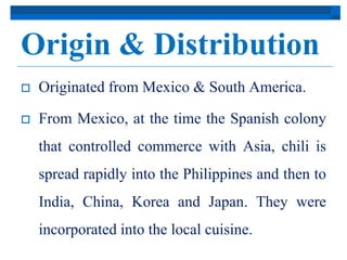 Origin & Distribution 
 Originated from Mexico & South America. 
 From Mexico, at the time the Spanish colony 
that controlled commerce with Asia, chili is 
spread rapidly into the Philippines and then to 
India, China, Korea and Japan. They were 
incorporated into the local cuisine. 
 