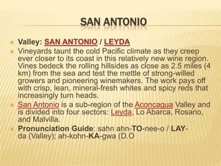  SAN ANTONIOValley: SAN ANTONIO / LEYDAVineyards taunt the cold Pacific climate as they creep ever closer to its coast in this relatively new wine region. Vines bedeck the rolling hillsides as close as 2.5 miles (4 km) from the sea and test the mettle of strong-willed growers and pioneering winemakers. The work pays off with crisp, lean, mineral-fresh whites and spicy reds that increasingly turn heads.San Antonio is a sub-region of the Aconcagua Valley and is divided into four sectors: Leyda, Lo Abarca, Rosario, and Malvilla.Pronunciation Guide: sahnahn-TO-nee-o / LAY-da (Valley); ah-kohn-KA-gwa (D.O