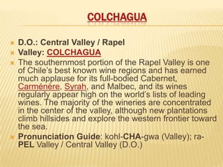 COLCHAGUAD.O.: Central Valley / RapelValley: COLCHAGUAThe southernmost portion of the Rapel Valley is one of Chile’s best known wine regions and has earned much applause for its full-bodied Cabernet, Carménère, Syrah, and Malbec, and its wines regularly appear high on the world’s lists of leading wines. The majority of the wineries are concentrated in the center of the valley, although new plantations climb hillsides and explore the western frontier toward the sea.Pronunciation Guide: kohl-CHA-gwa (Valley); ra-PEL Valley / Central Valley (D.O.)