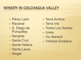 WINERY IN COLCHAGUA VALLEYPérez LeónRavanalS. Diego de PunquillaySangrialSanta CruzSanta HelenaSanta LauraSiegelTerra AndinaTerra VidTodos Los SantosUretaViuManentViñedosEmiliana