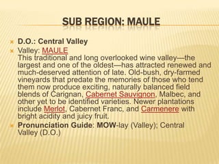 SUB REGION: MAULED.O.: Central ValleyValley: MAULEThis traditional and long overlooked wine valley—the largest and one of the oldest—has attracted renewed and much-deserved attention of late. Old-bush, dry-farmed vineyards that predate the memories of those who tend them now produce exciting, naturally balanced field blends of Carignan, Cabernet Sauvignon, Malbec, and other yet to be identified varieties. Newer plantations include Merlot, Cabernet Franc, and Carmenere with bright acidity and juicy fruit.Pronunciation Guide: MOW-lay (Valley); Central Valley (D.O.)