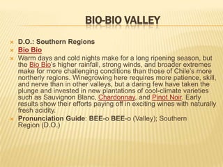 BIO-BIO VALLEYD.O.: Southern RegionsBio BioWarm days and cold nights make for a long ripening season, but the Bio Bio’s higher rainfall, strong winds, and broader extremes make for more challenging conditions than those of Chile’s more northerly regions. Winegrowing here requires more patience, skill, and nerve than in other valleys, but a daring few have taken the plunge and invested in new plantations of cool-climate varieties such as Sauvignon Blanc, Chardonnay, and Pinot Noir. Early results show their efforts paying off in exciting wines with naturally fresh acidity.Pronunciation Guide: BEE-o BEE-o (Valley); Southern Region (D.O.)
