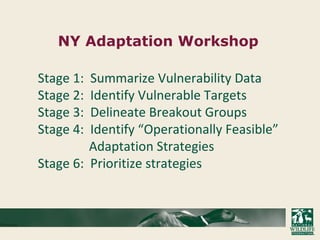 NY Adaptation Workshop
Stage 1: Summarize Vulnerability Data
Stage 2: Identify Vulnerable Targets
Stage 3: Delineate Breakout Groups
Stage 4: Identify “Operationally Feasible”
Adaptation Strategies
Stage 6: Prioritize strategies
 