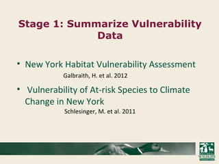 Stage 1: Summarize Vulnerability
Data
• New York Habitat Vulnerability Assessment
Galbraith, H. et al. 2012
• Vulnerability of At-risk Species to Climate
Change in New York
Schlesinger, M. et al. 2011
 