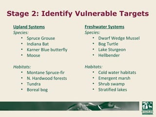 Stage 2: Identify Vulnerable Targets
Freshwater Systems
Species:
• Dwarf Wedge Mussel
• Bog Turtle
• Lake Sturgeon
• Hellbender
Habitats:
• Cold water habitats
• Emergent marsh
• Shrub swamp
• Stratified lakes
Upland Systems
Species:
• Spruce Grouse
• Indiana Bat
• Karner Blue butterfly
• Moose
Habitats:
• Montane Spruce-fir
• N. Hardwood forests
• Tundra
• Boreal bog
 