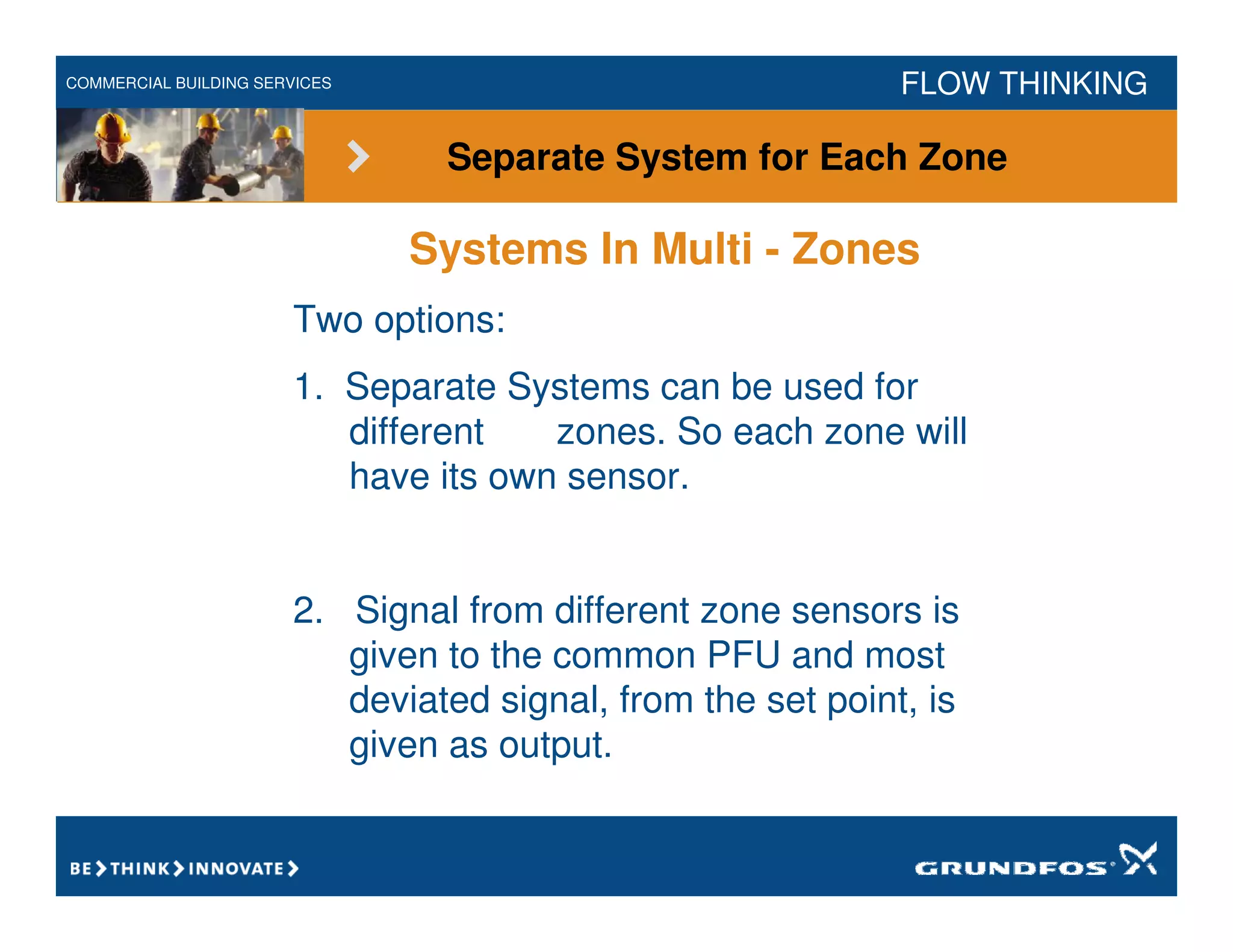 COMMERCIAL BUILDING SERVICES FLOW THINKING
Systems In Multi - Zones
Two options:
1. Separate Systems can be used for
different zones. So each zone will
have its own sensor.
2. Signal from different zone sensors is
given to the common PFU and most
deviated signal, from the set point, is
given as output.
Separate System for Each Zone
 