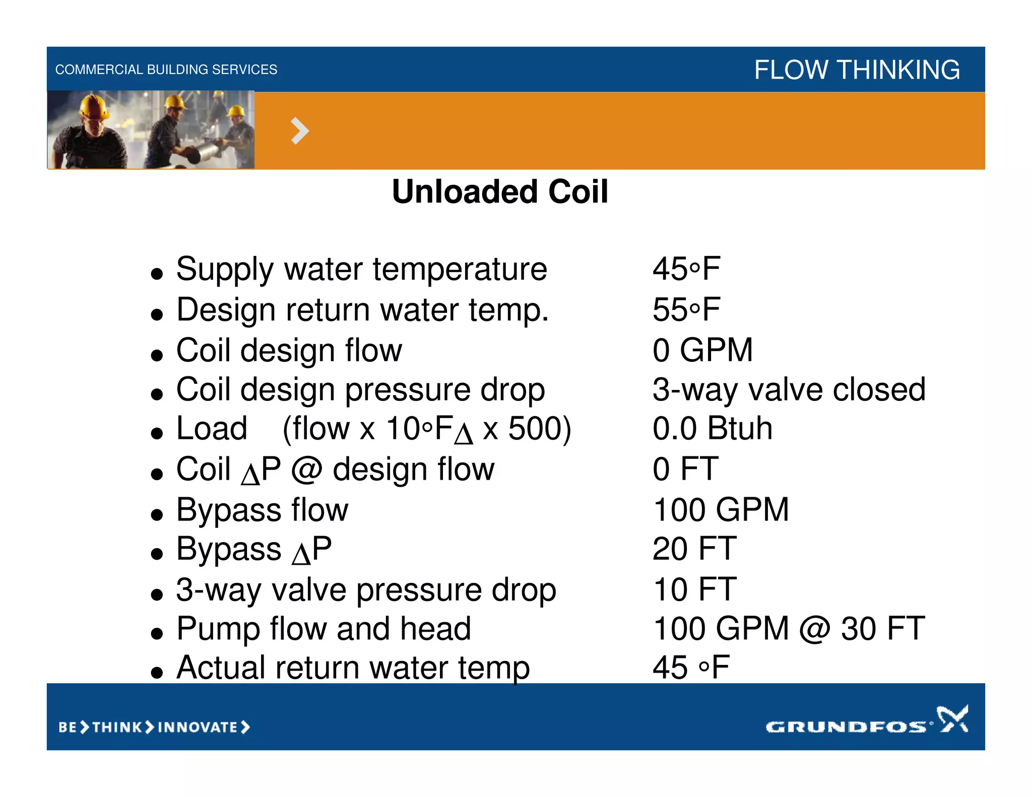 COMMERCIAL BUILDING SERVICES FLOW THINKING
Unloaded Coil
• Supply water temperature 45°F
• Design return water temp. 55°F
• Coil design flow 0 GPM
• Coil design pressure drop 3-way valve closed
• Load (flow x 10°F∆ x 500) 0.0 Btuh
• Coil ∆P @ design flow 0 FT
• Bypass flow 100 GPM
• Bypass ∆P 20 FT
• 3-way valve pressure drop 10 FT
• Pump flow and head 100 GPM @ 30 FT
• Actual return water temp 45 °F
 