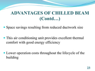  Space savings resulting from reduced ductwork size
 This air conditioning unit provides excellent thermal
comfort with good energy efficiency
 Lower operation costs throughout the lifecycle of the
building
23
ADVANTAGES OF CHILLED BEAM
(Contd…)
 