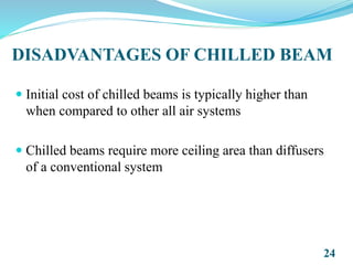 DISADVANTAGES OF CHILLED BEAM
 Initial cost of chilled beams is typically higher than
when compared to other all air systems
 Chilled beams require more ceiling area than diffusers
of a conventional system
24
 